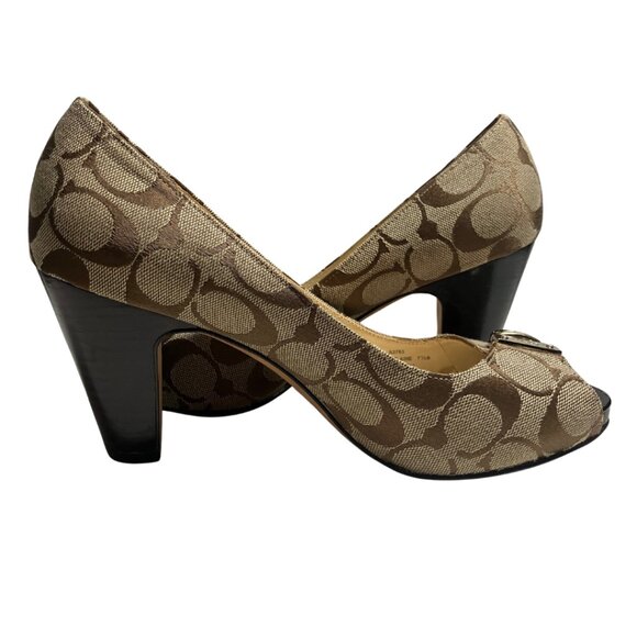COACH Helaine Peep Toe Monogram Buckle Pumps Women’s Size 7.5M Khaki - Picture 6 of 15